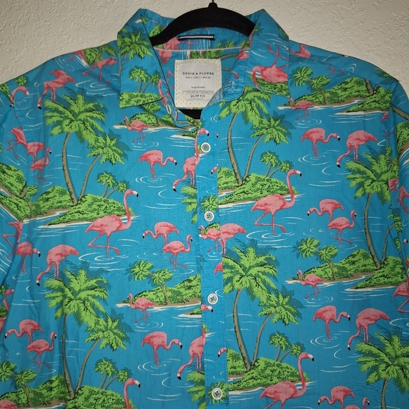 Denim And Flower Pink Flamingo Button Down Large Slim Fit - Picture 3 of 8